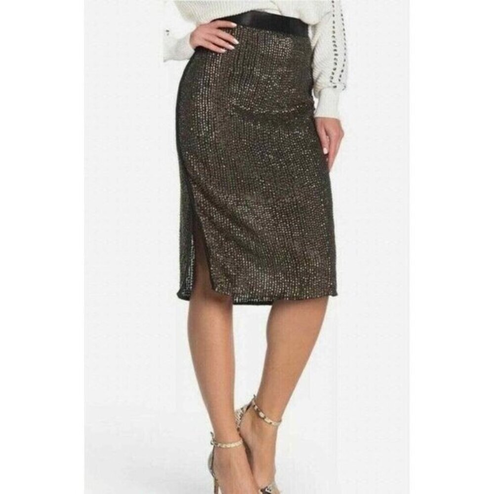 Joie Malloren Gold Pyramid Stud Side Slits Metallic Pencil Skirt SZ 4 NEW